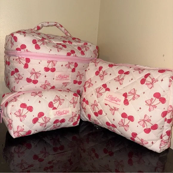 3 Piece Pink and White Cherry Makeup Travel Toiletry Organizer Set NWOT - Picture 2 of 6
